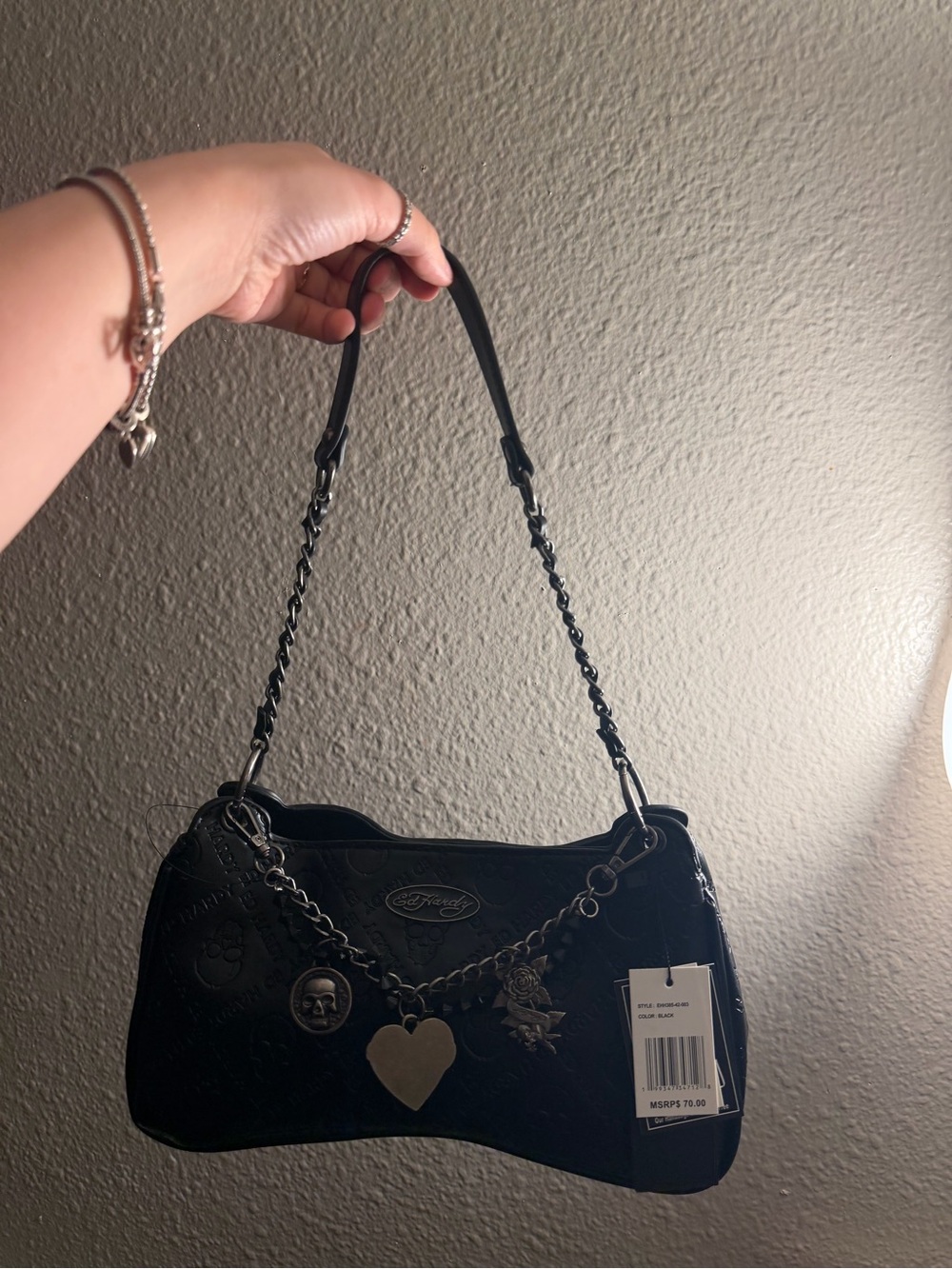 SOLD ES Hardy Black Women's Shoulder Bag with Charm Chain